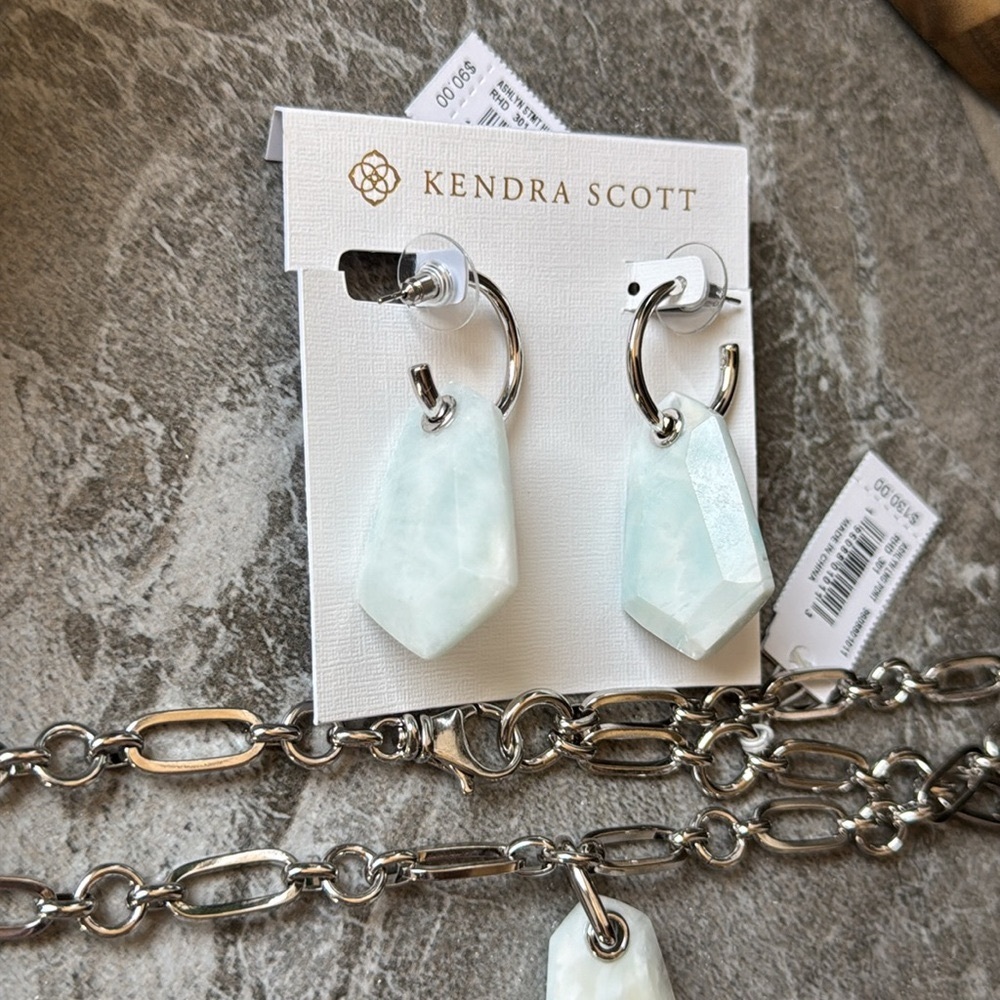 Kendra Scott Ashlyn Long Pendant Necklace Earrings Set Silver Teal Quartzite - Picture 7 of 10